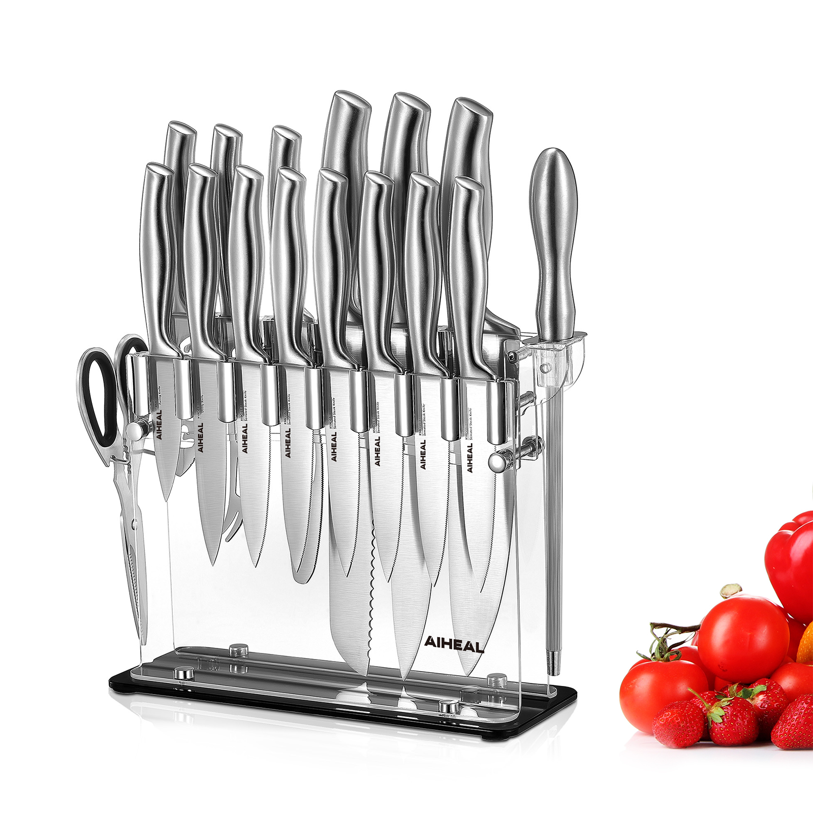 AIHEAL Knife Set, Aiheal 14PCS Stainless Steel Kitchen Knife Set with  Acrylic Knife Stand, No Rust