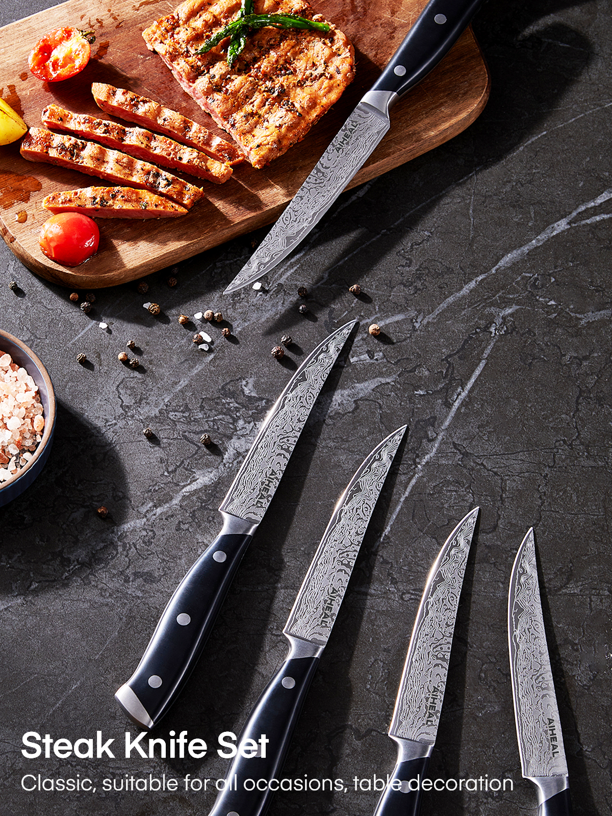 Aiheal Steak Knives Set of 8 with Beech Knife Block, 4.5 Inch Steak Knives with Unique Damascus Pattern, Non Serrated Stainless Steel Steak Knife Set, Full Tang Handle Design for Kitchen Dinner