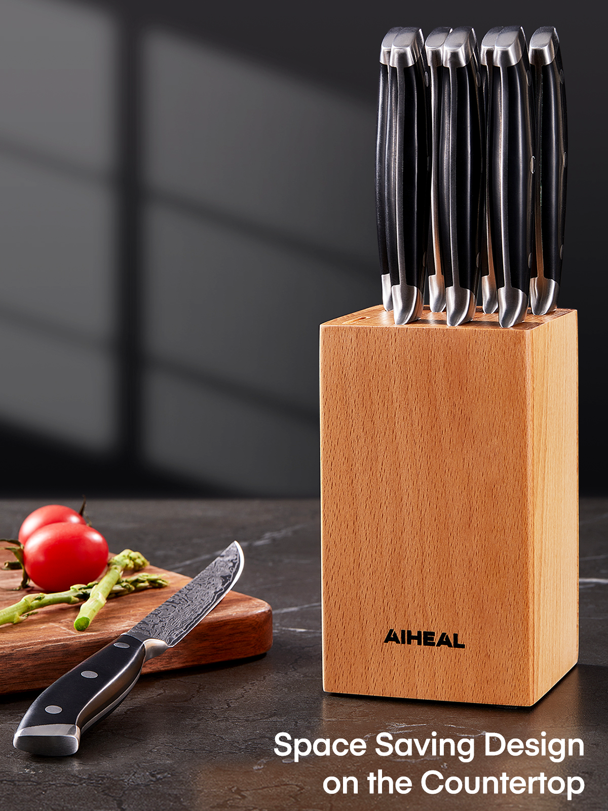 Aiheal Steak Knives Set of 8 with Beech Knife Block, 4.5 Inch Steak Knives with Unique Damascus Pattern, Non Serrated Stainless Steel Steak Knife Set, Full Tang Handle Design for Kitchen Dinner