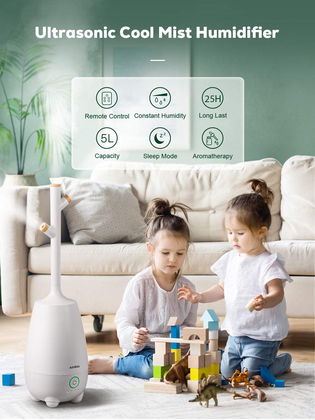 Aiheal Humidifiers for Bedroom Large Room Home, 5L Top Fill Cool Mist Ultrasonic Humidifier for Baby Plants, Smart Humidistat Mode, Essential Oil Diffuser, Sleep Mode, Auto Off and Ultra Quiet, White