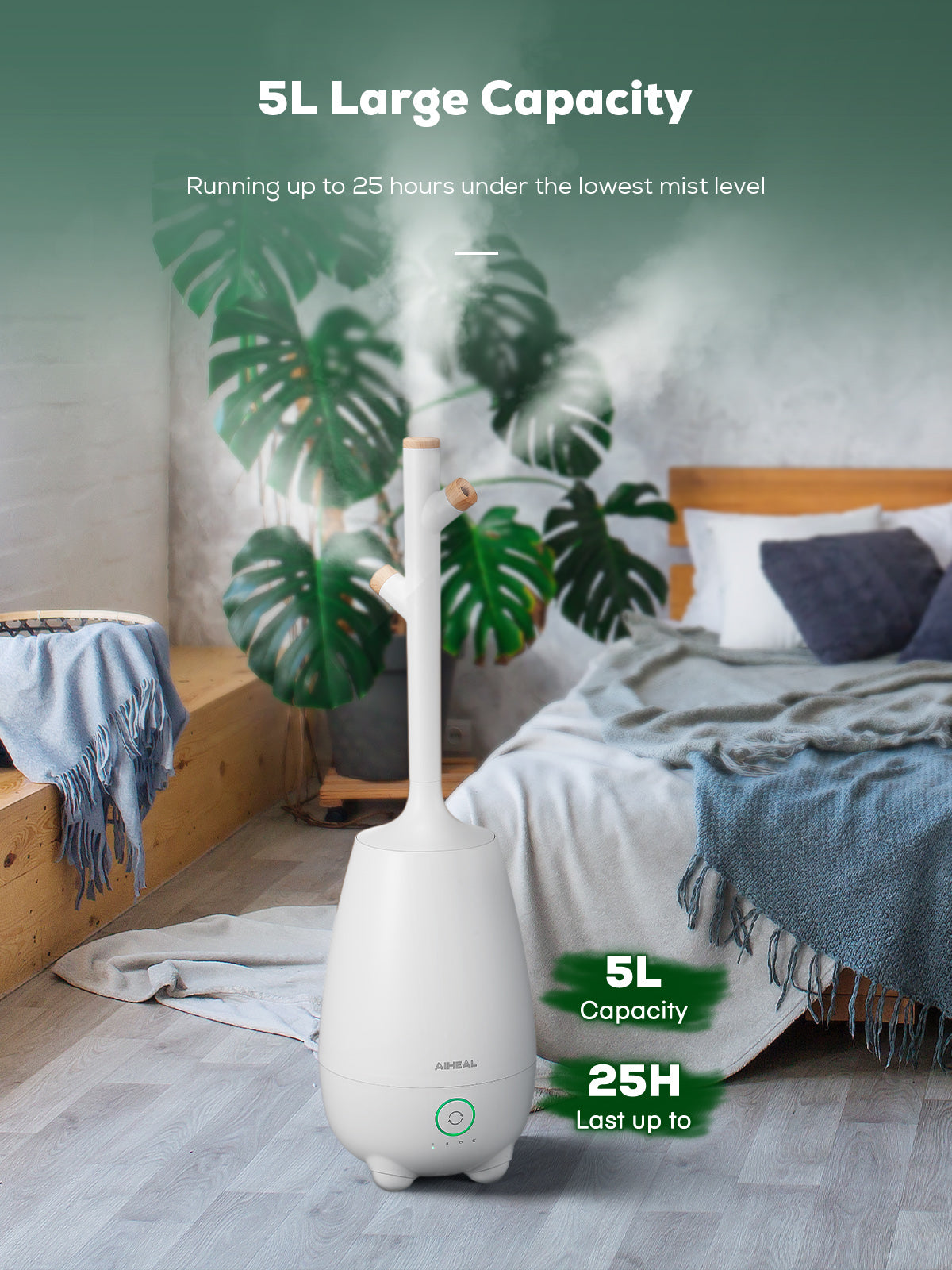 Aiheal Humidifiers for Bedroom Large Room Home, 5L Top Fill Cool Mist Ultrasonic Humidifier for Baby Plants, Smart Humidistat Mode, Essential Oil Diffuser, Sleep Mode, Auto Off and Ultra Quiet, White