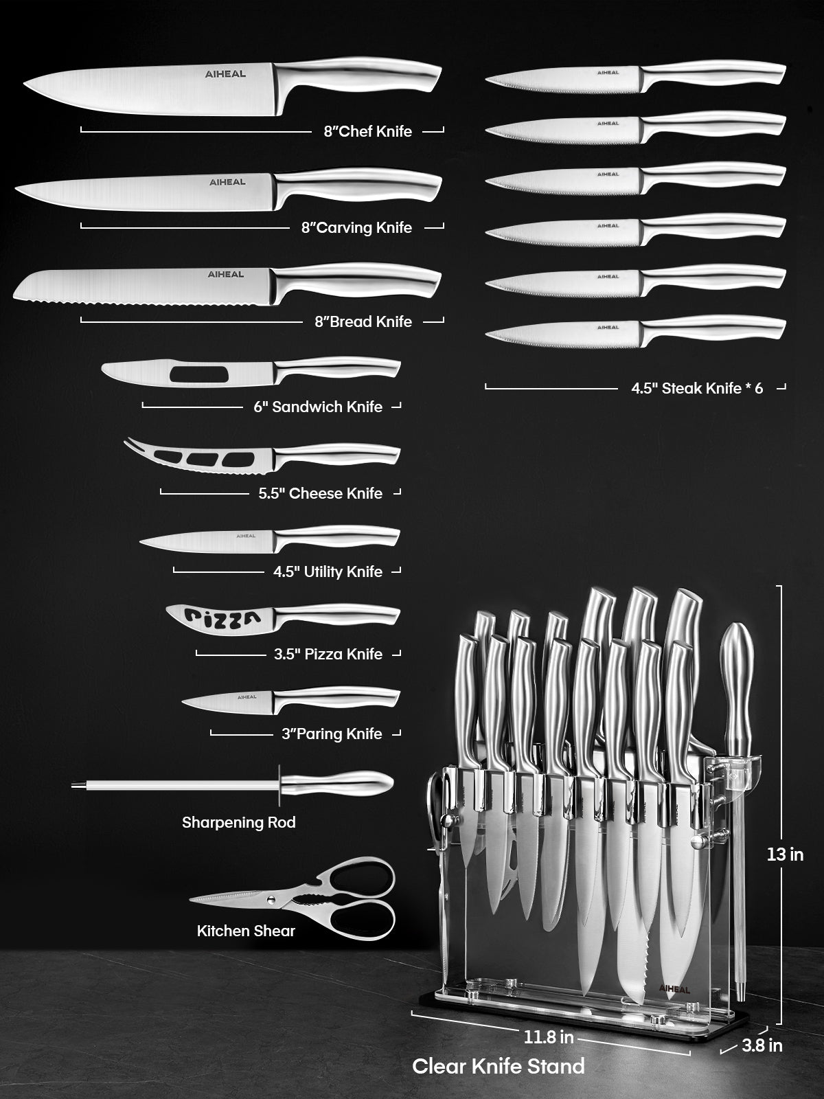 Aiheal Knife Set,17 Pieces Stainless Steel Kitchen Knife Set with Clear Acrylic Knife Stand, Super Sharp knives in One Piece Design