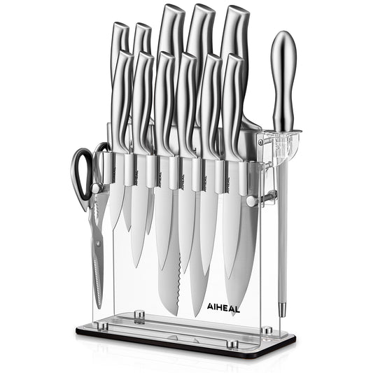 Aiheal Knife Set, 14PCS Stainless Steel Kitchen Knife Set with Clear Knife Block, No Rust and Super Sharp Cutlery Knife Set in One Piece Design with Knife Sharpener for Kitchen, Serrated Steak Knives