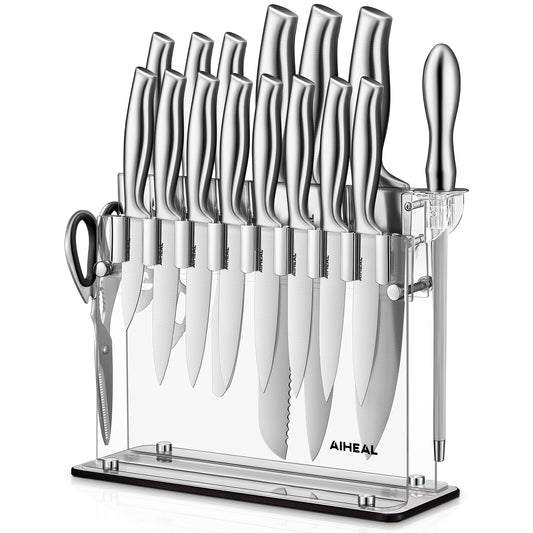 Aiheal Knife Set,17 Pieces Stainless Steel Kitchen Knife Set with Clear Acrylic Knife Stand, Super Sharp knives in One Piece Design