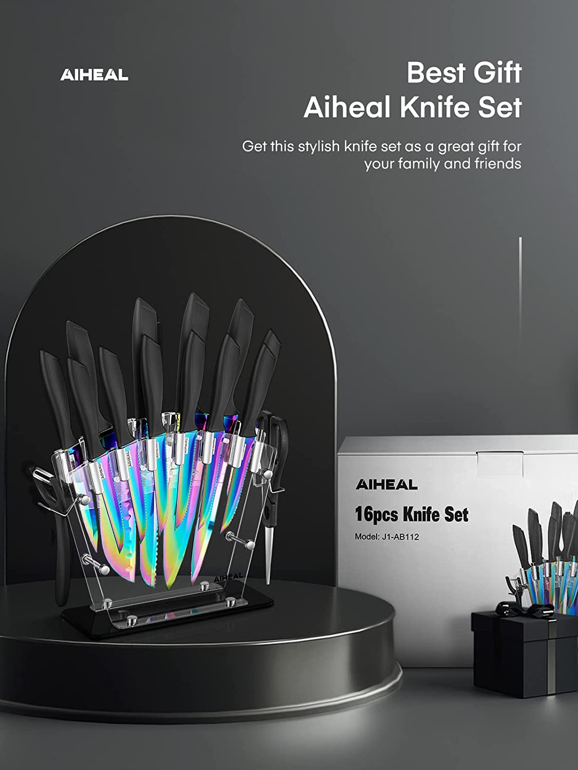 AIHEAL Knife Set, Aiheal 14PCS Stainless Steel Kitchen Knife Set with  Acrylic Knife Stand, No Rust