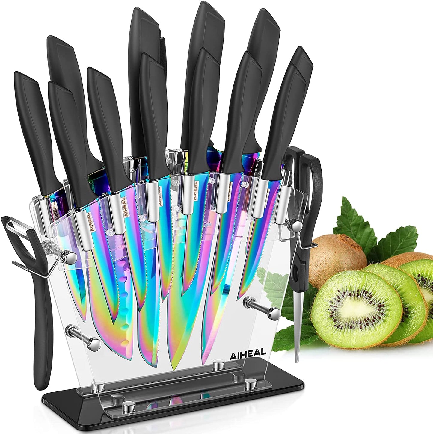 Aiheal Knife Set, 14PCS Stainless Steel Kitchen Knife Set with Clear Knife  Block and Aiheal Knife Set for Kitchen 17PCS